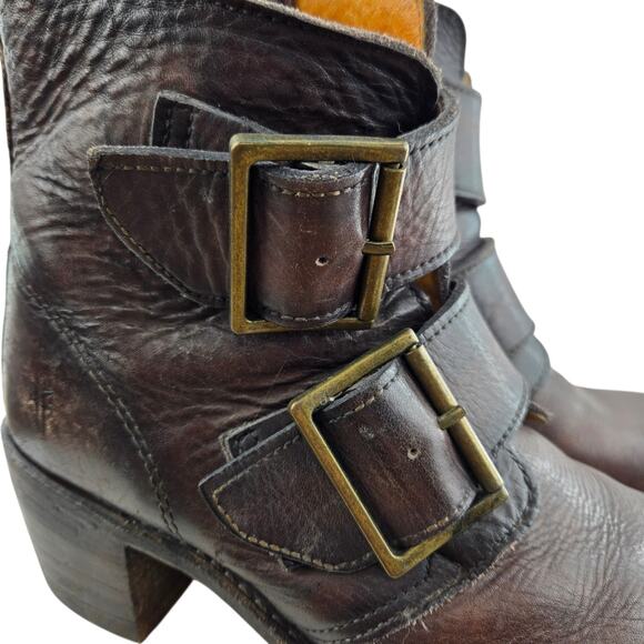 Frye Ankle Boots Womens 8.5 M Sabrina Double Buckle Moto Booties Brown Leather - Picture 3 of 12